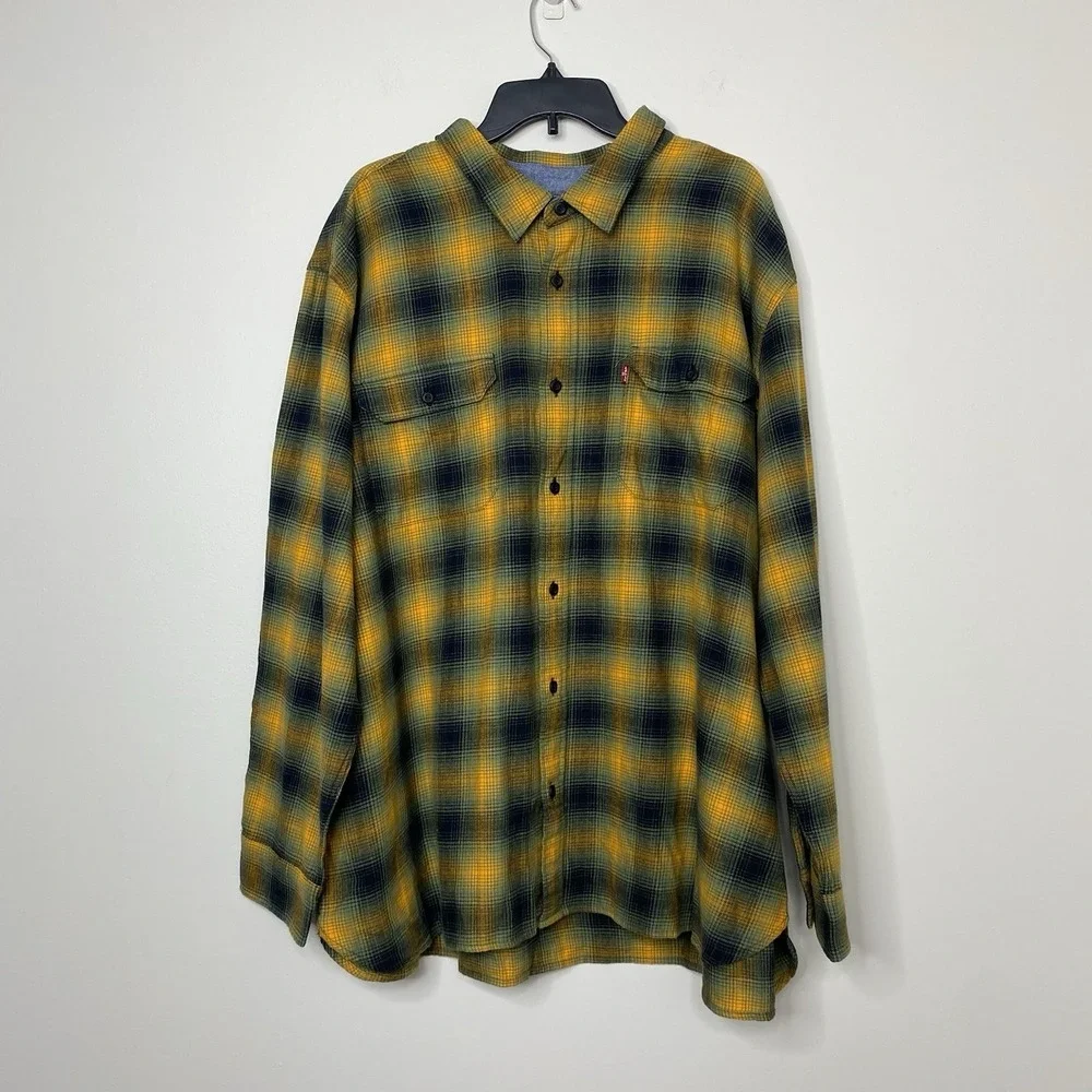 Levis Mens 3XL Flannel Button Up Shirt The Worker Relaxed Fit Plaid Orange Multi
